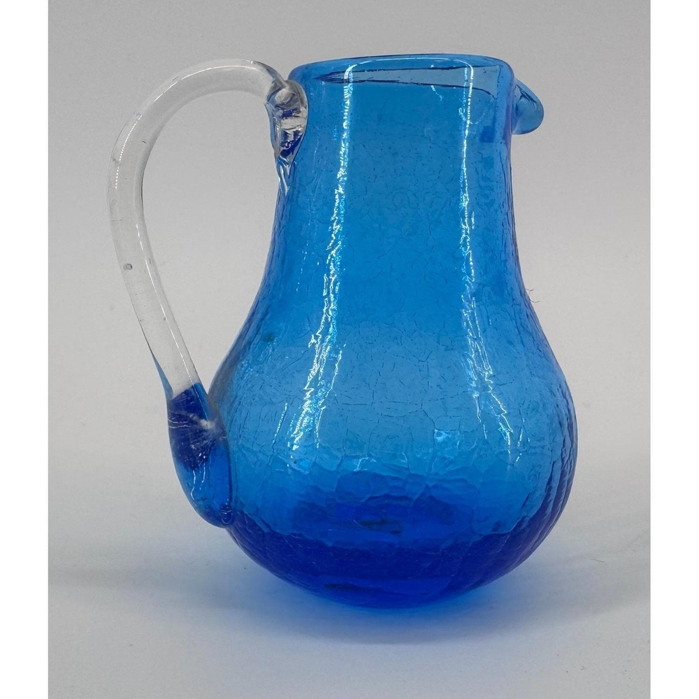 Blenko or Pilgrim Style Cobalt Crackle Glass Pitcher Decor Creamer Jug 3.5 in - Picture 3 of 9